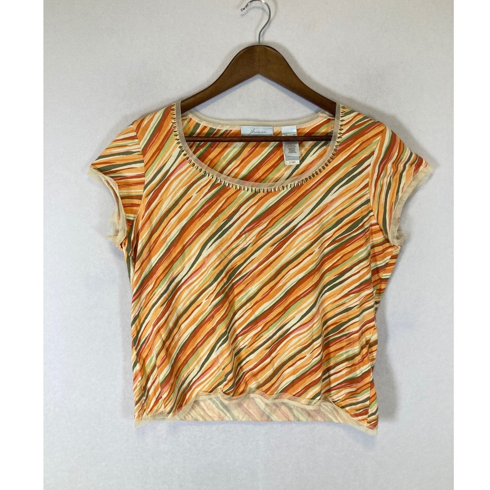 Boho JH Collectibles Women Large Orange Striped Beaded Mesh Trim Cap Sleeve Top